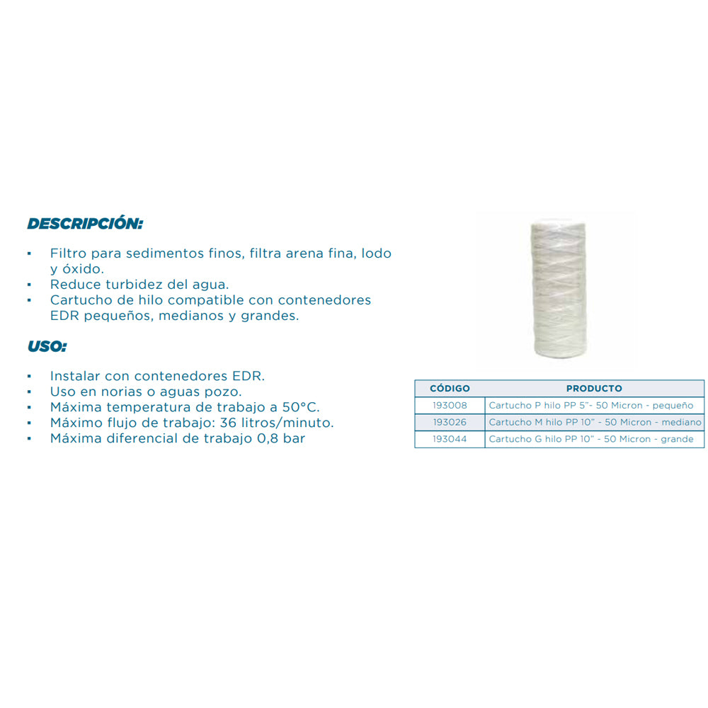 Filtro De Hilo 50 Micras De 10 Para Sedimentos Finos Y Arena